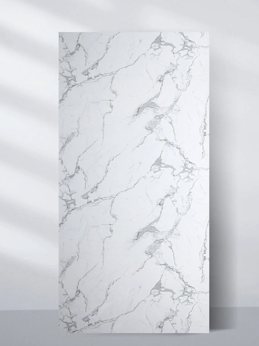 Full 4 x 8 ft white gray pearl marble PVC wall panel with fine gray veining