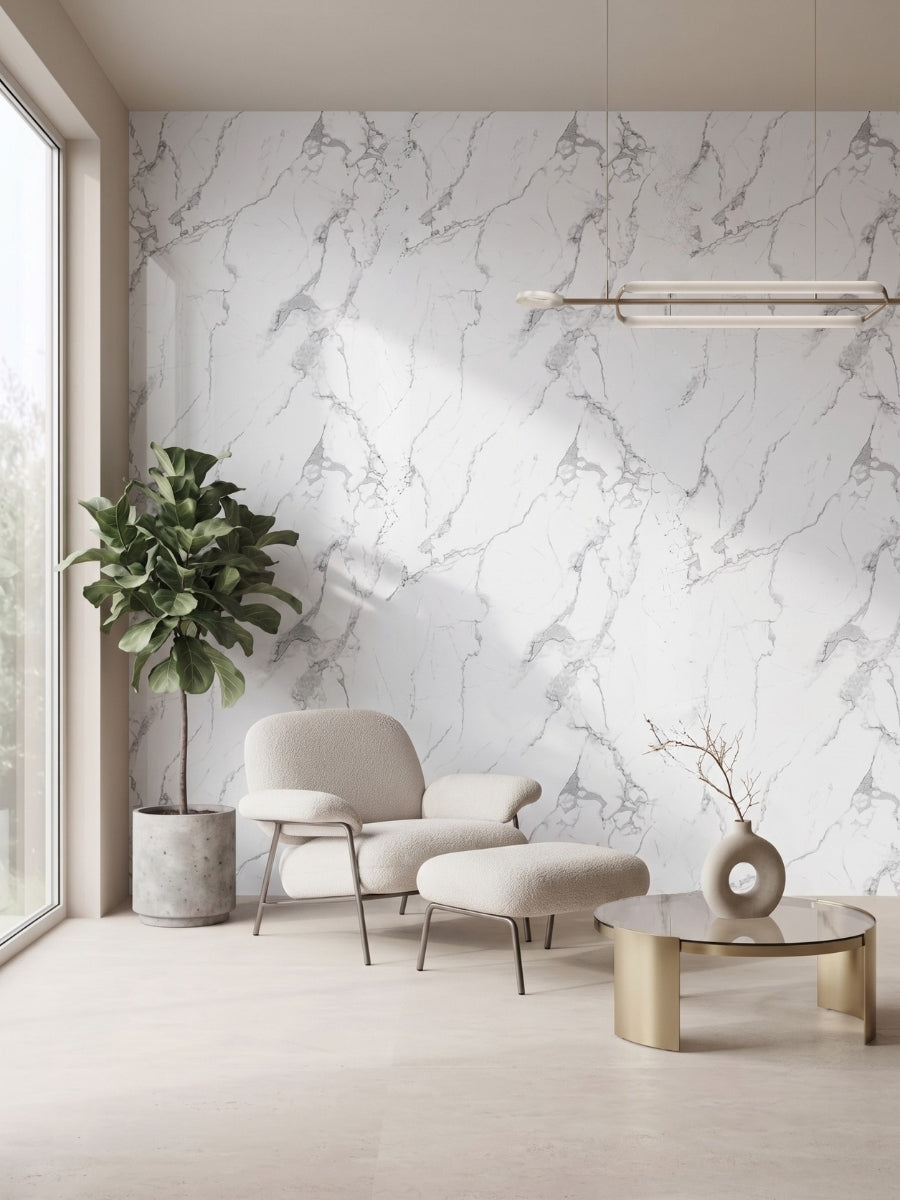 White gray pearl marble PVC wall panels installed behind a lounge chair in a modern sitting area