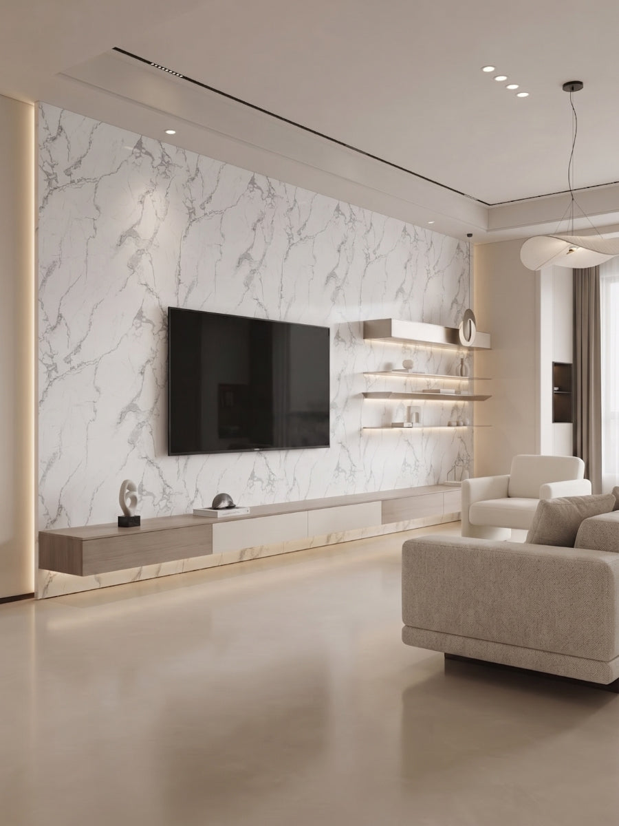 Modern living room media wall clad in white gray pearl marble PVC panels