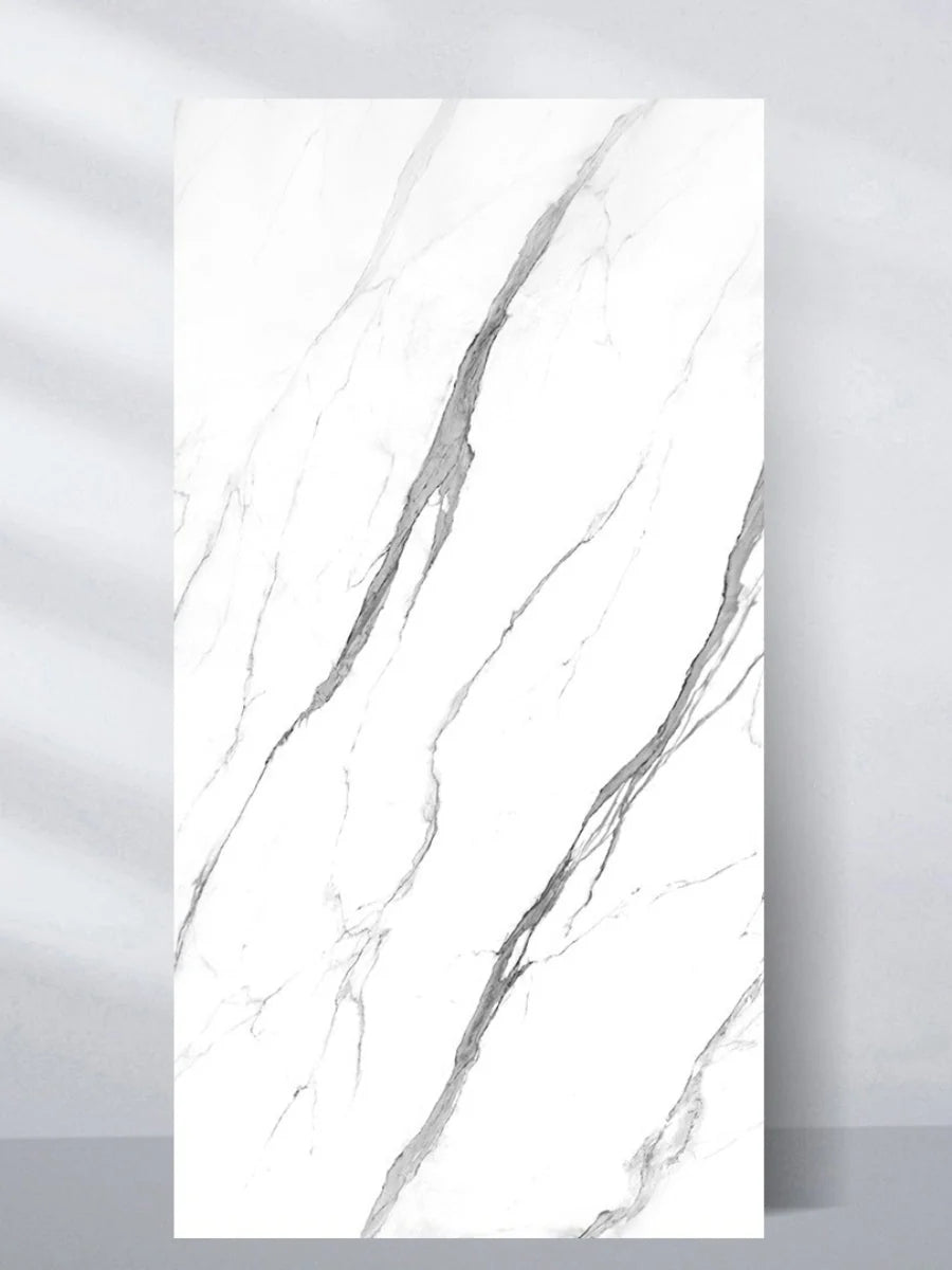 Upright 4 x 8 ft white matte marble PVC wall panel with sweeping gray veining