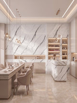 White marble-look PVC wall panels with gray veining in a modern dining and bar interior