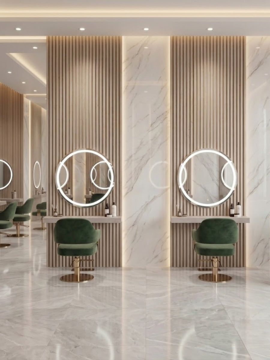White oak WPC fluted wall panels behind illuminated round mirrors in a beauty salon