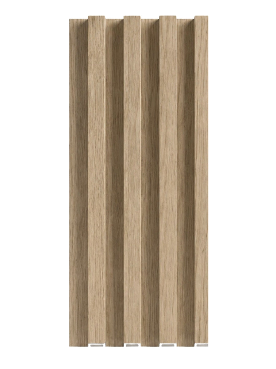 White oak WPC fluted 3D wall panel with vertical wood-grain ridges