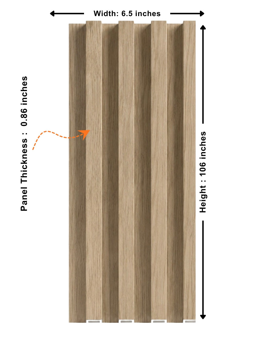 White oak WPC fluted wall panel dimensions showing 6.5-inch width, 106-inch height, and 0.86-inch thickness