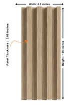 White oak WPC fluted wall panel dimensions showing 6.5-inch width, 106-inch height, and 0.86-inch thickness