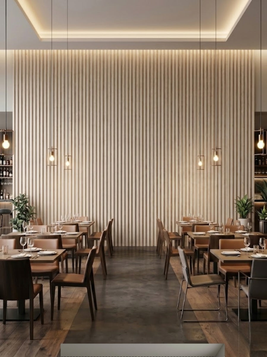 White oak WPC fluted 3D wall panels installed as a restaurant feature wall