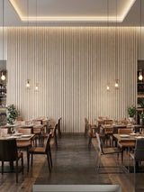 White oak WPC fluted 3D wall panels installed as a restaurant feature wall