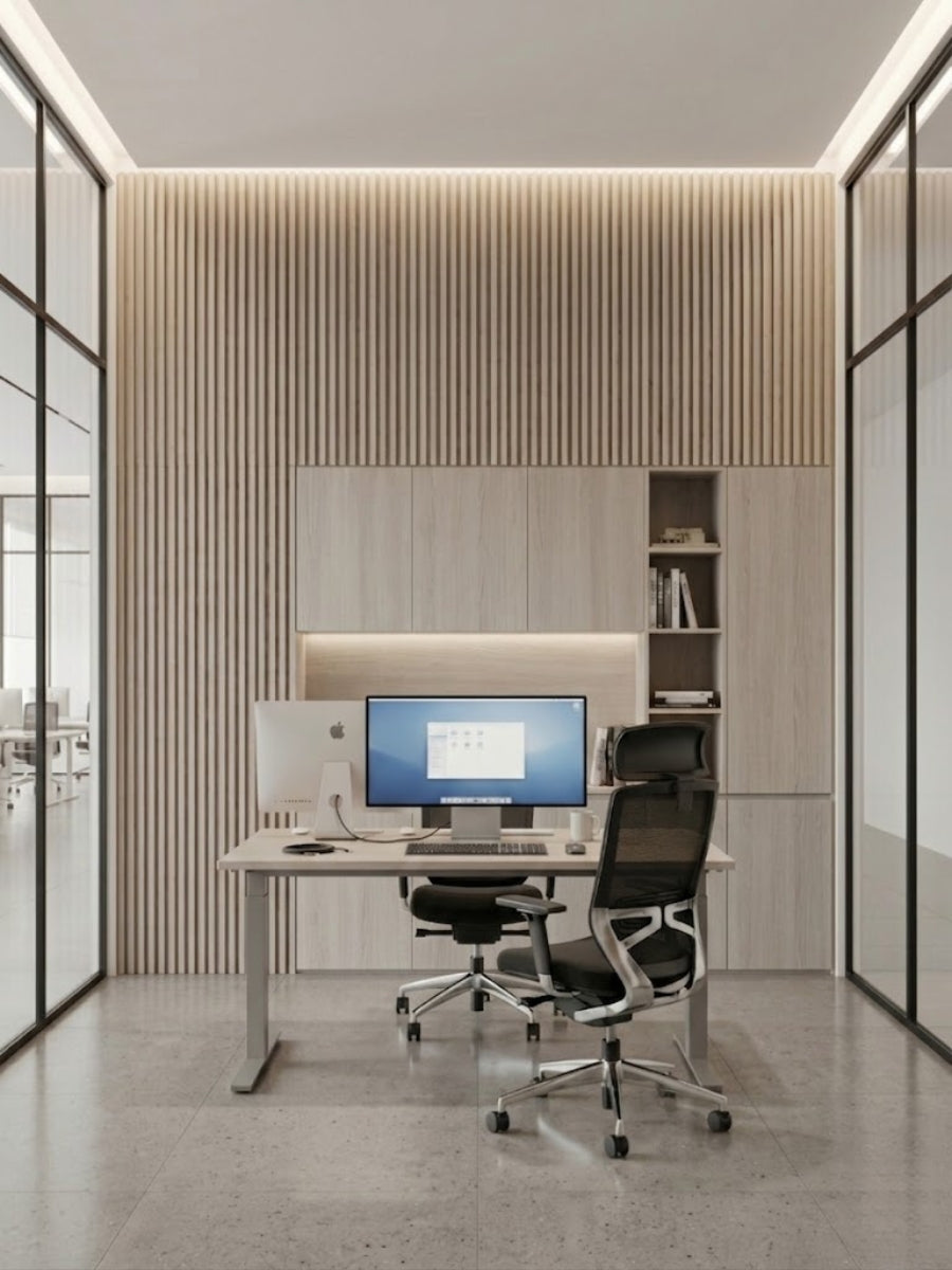 White oak WPC fluted wall panels behind a desk and built-in cabinets in a modern office