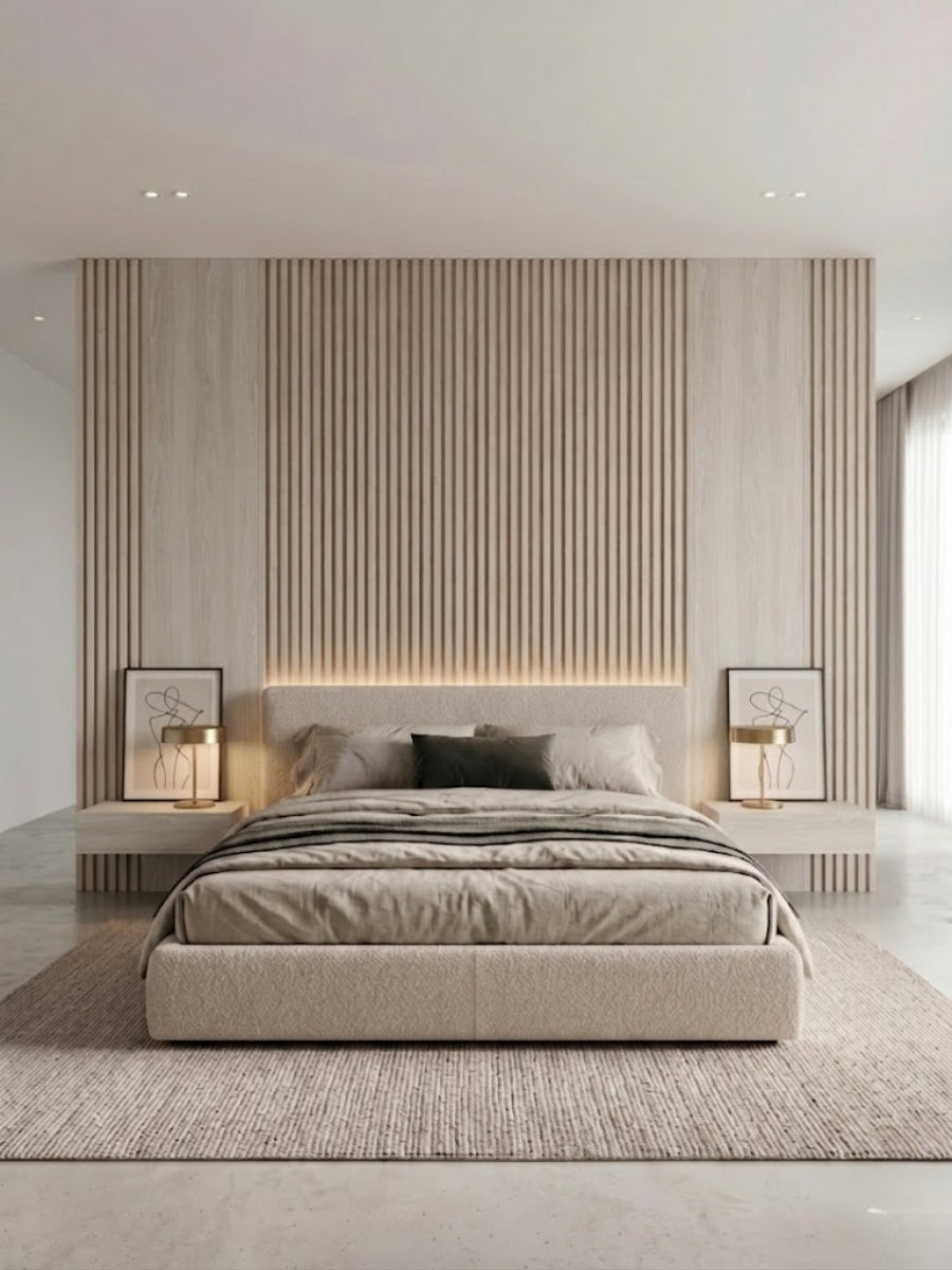 White oak WPC fluted wall panels forming a lit accent wall behind a modern bed