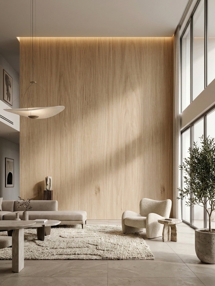 White oak veneer feature wall with natural vertical grain and cove lighting in a bright modern living room