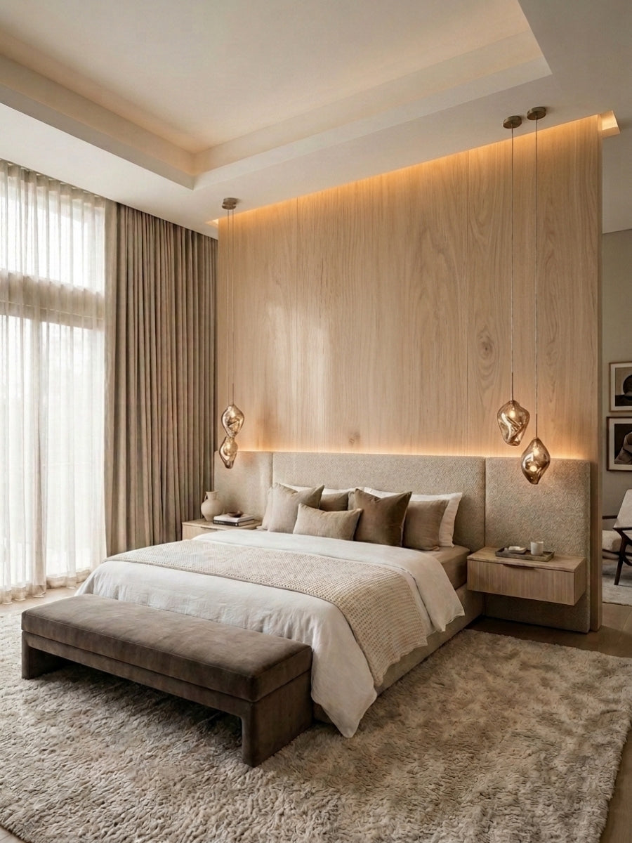 White oak veneer wall panels with vertical grain behind a modern upholstered bed and pendant lights