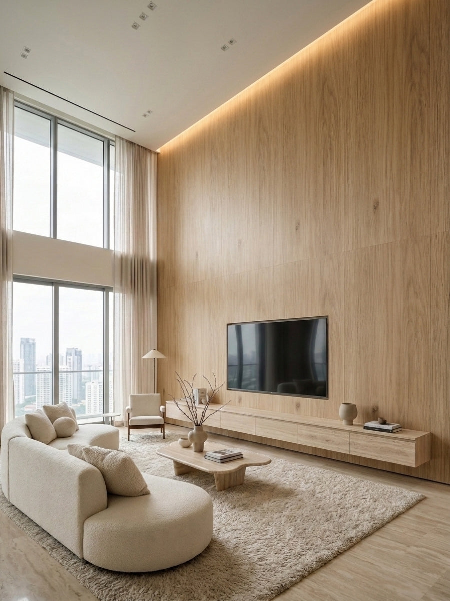 Light white oak veneer wall panels forming a floor-to-ceiling TV feature wall in a modern living room