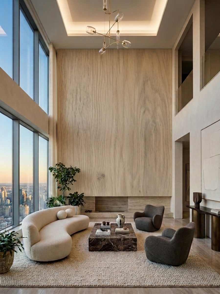 Double-height white oak veneer wall panel installation with natural vertical grain in a contemporary lounge