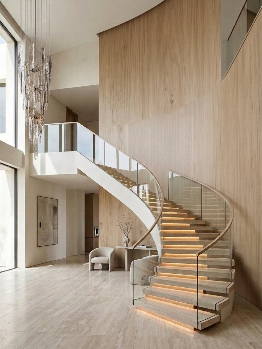 White oak veneer panels covering a sweeping curved wall beside a modern spiral staircase
