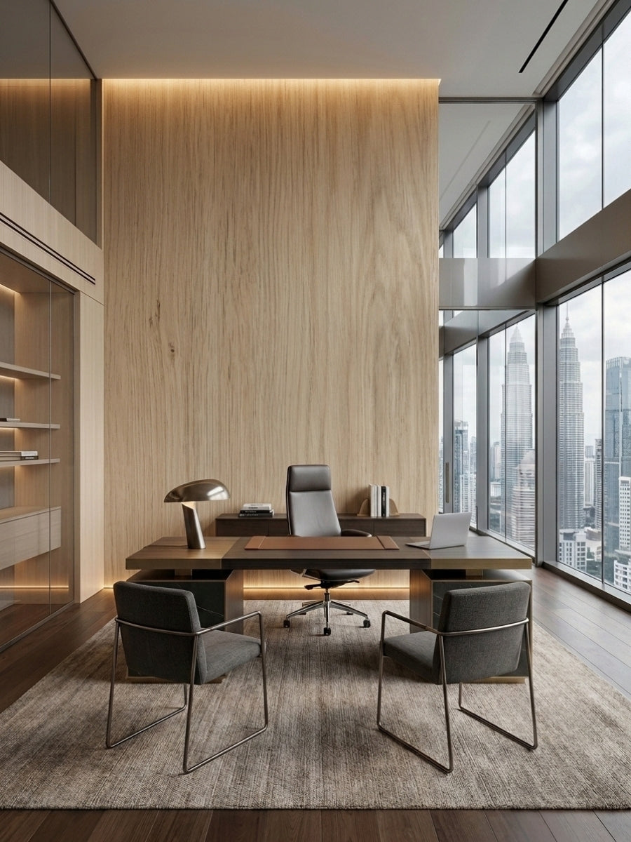 Floor-to-ceiling white oak veneer wall panels behind a desk in a high-rise executive office