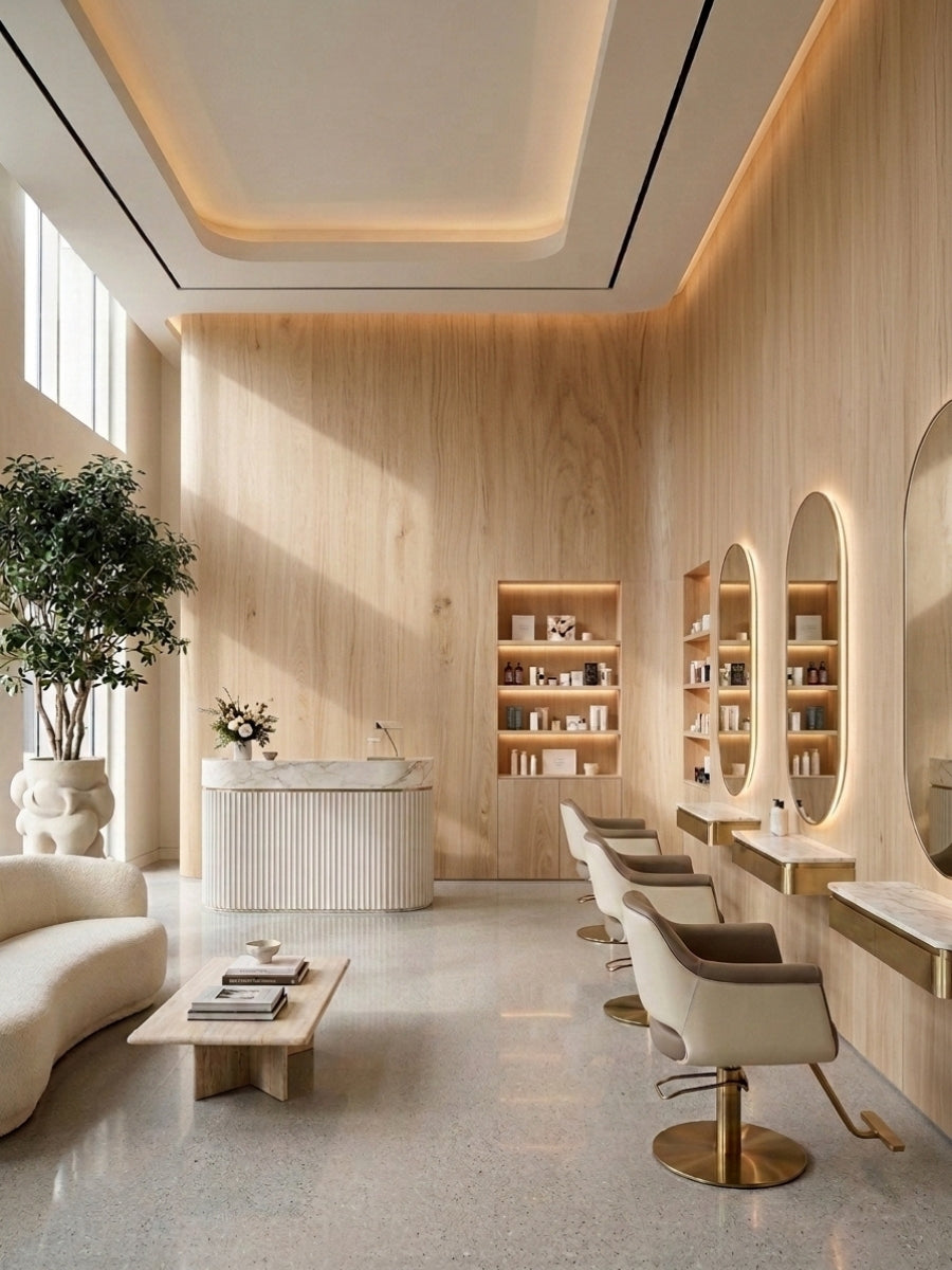 Light white oak veneer wall panels with recessed shelving and oval mirrors in a modern salon