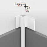 White 3mm aluminum inside corner trim installed between gray PVC wall panels with profile dimensions shown
