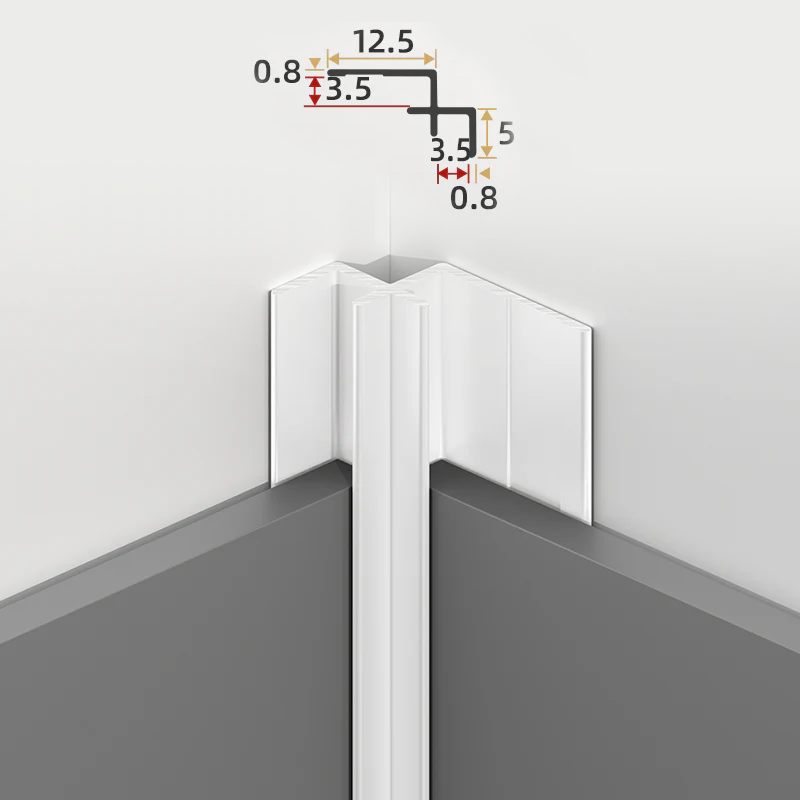 White 3mm aluminum inside corner trim installed between gray PVC wall panels with profile dimensions shown