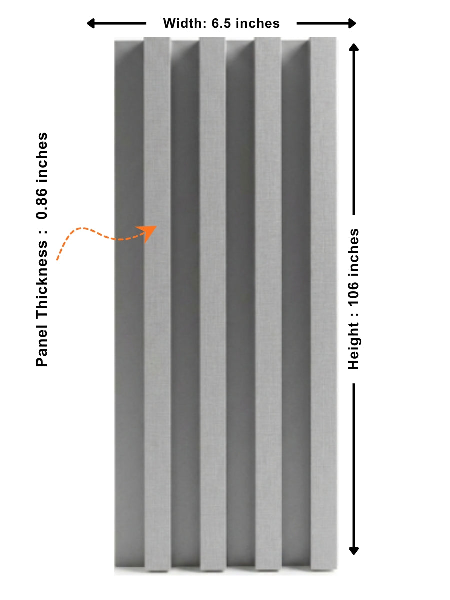 White linen WPC fluted wall panel diagram showing 6.5-inch width, 106-inch height, and 0.86-inch thickness