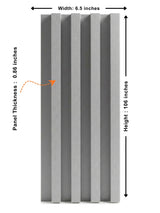 White linen WPC fluted wall panel diagram showing 6.5-inch width, 106-inch height, and 0.86-inch thickness