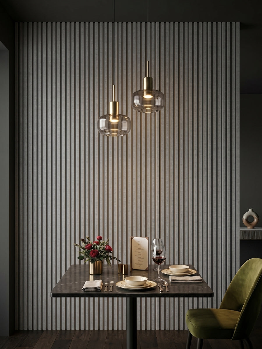 White linen fluted WPC wall panels creating a vertical accent wall in a modern dining nook