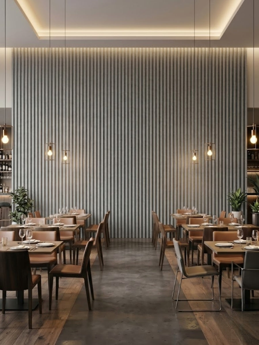 Floor-to-ceiling white linen WPC fluted panels on a softly lit restaurant feature wall