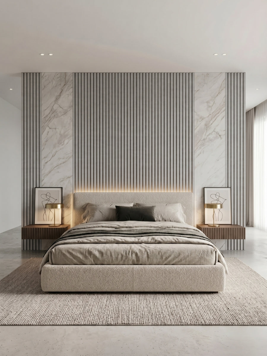 White linen WPC fluted panels paired with marble-look sections on a modern bedroom feature wall