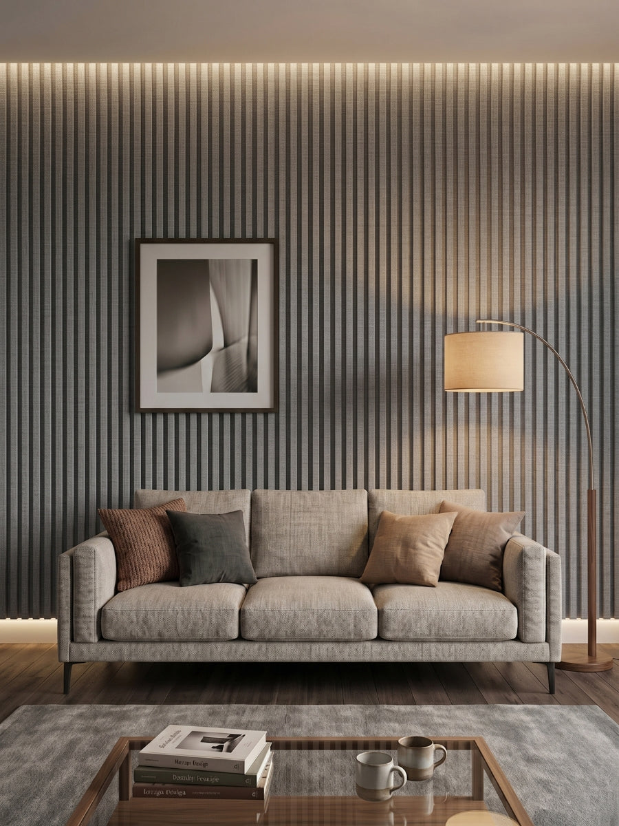 White linen WPC fluted 3D wall panels installed behind a neutral sofa in a modern living room