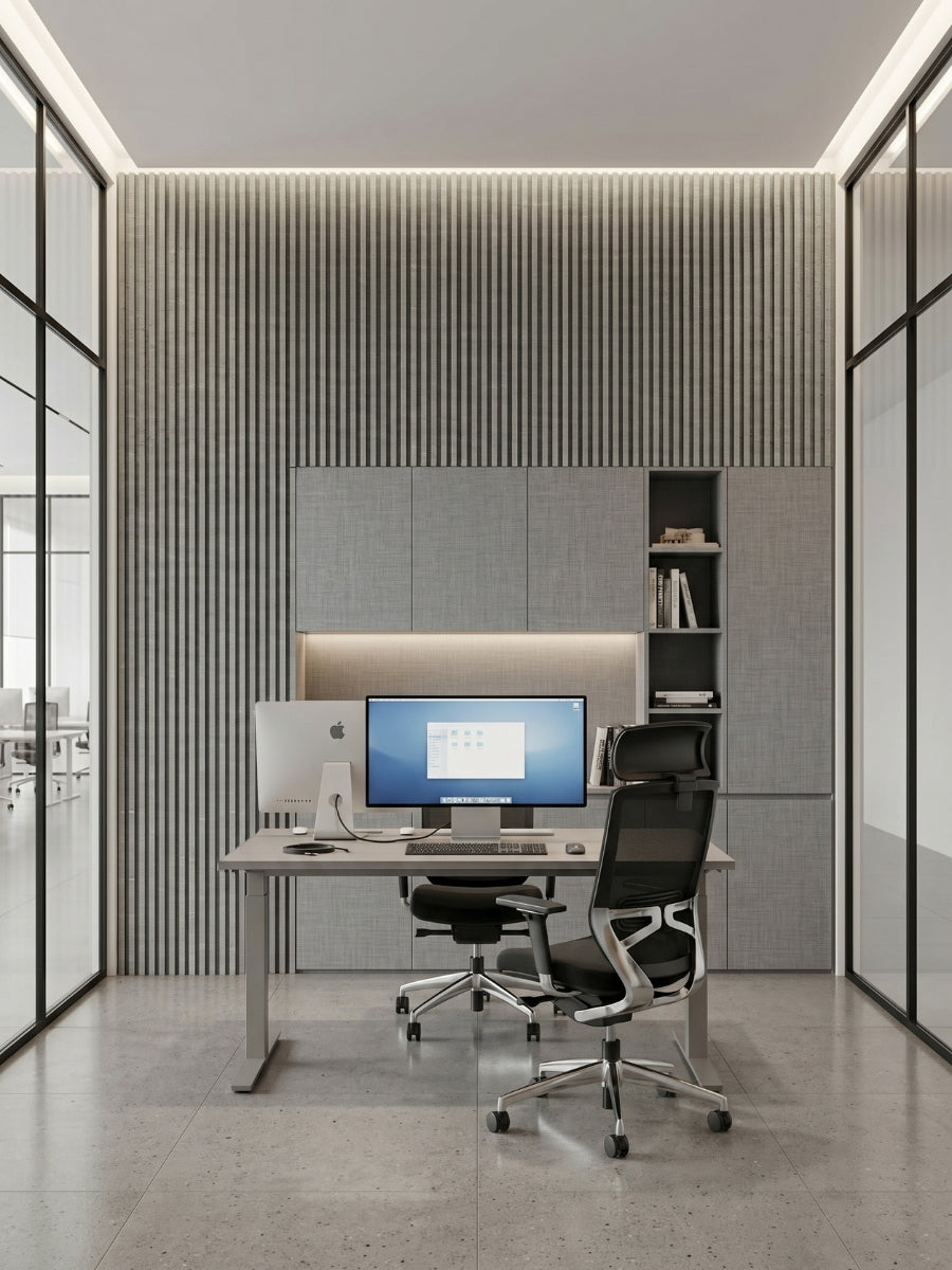 White linen WPC fluted wall panels installed behind a desk and storage cabinets in a modern office