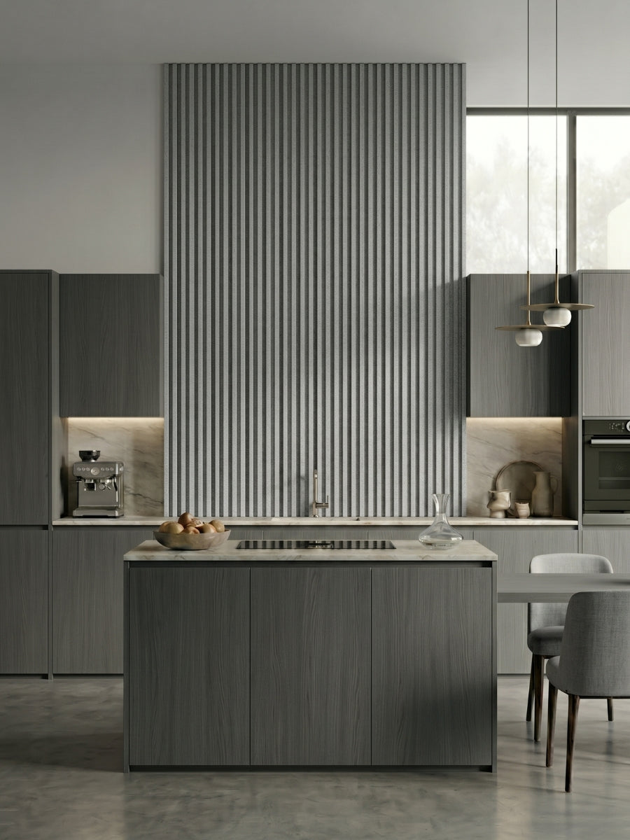 White linen fluted WPC panels forming a tall kitchen accent wall above the island cooktop