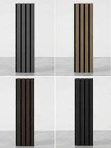Wood Slat Acoustic Panels Sample Box selection showing four vertical slat finishes in gray, natural wood, dark brown, and black