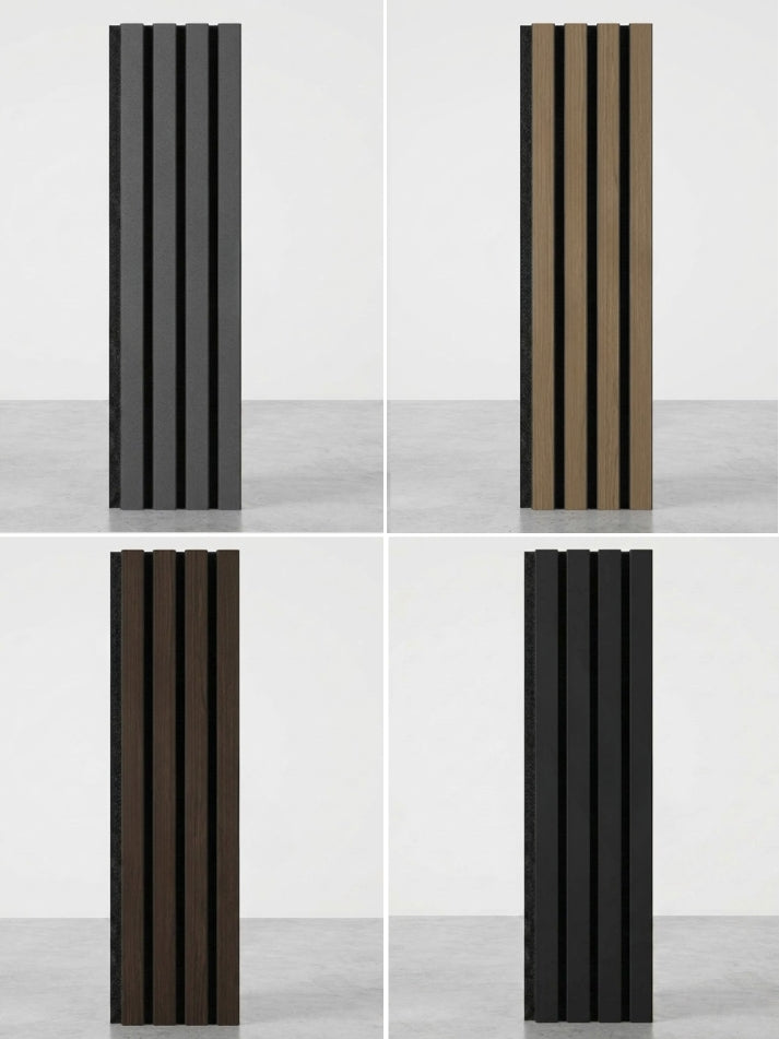 Wood Slat Acoustic Panels Sample Box selection showing four vertical slat finishes in gray, natural wood, dark brown, and black