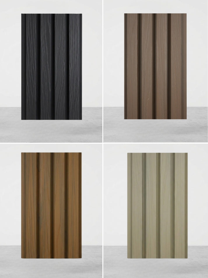 Composite Cladding 8×8 Sample in four wood-grain color options with vertical slat detailing