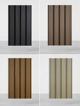 Composite Cladding 8×8 Sample in four wood-grain color options with vertical slat detailing