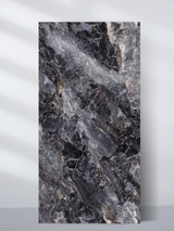 PVC marble sheet sample with a dark charcoal, gray and black crystalline pattern