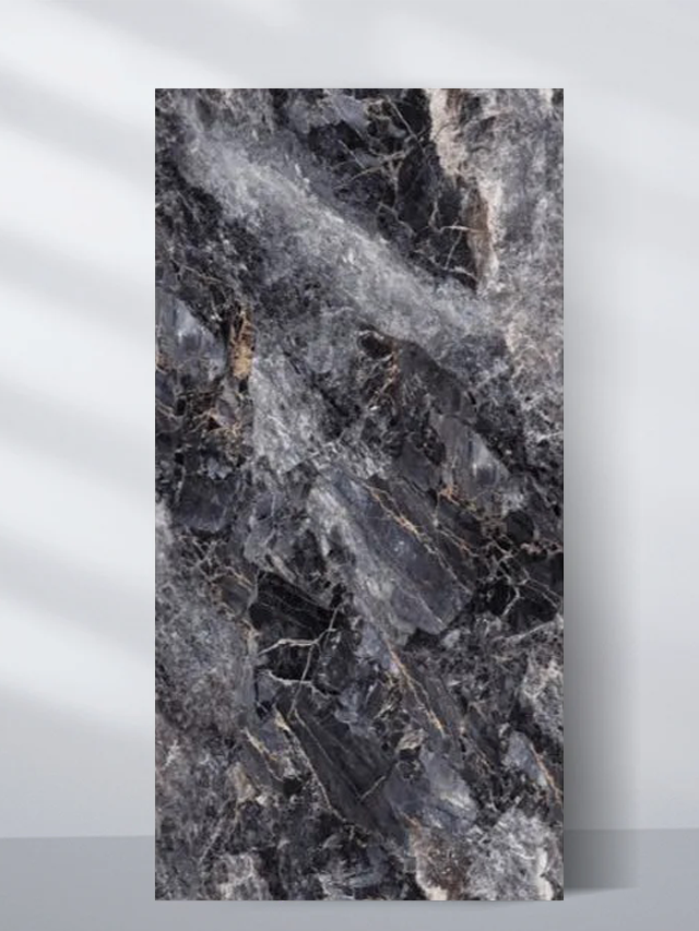 PVC marble sheet sample with a dark charcoal, gray and black crystalline pattern