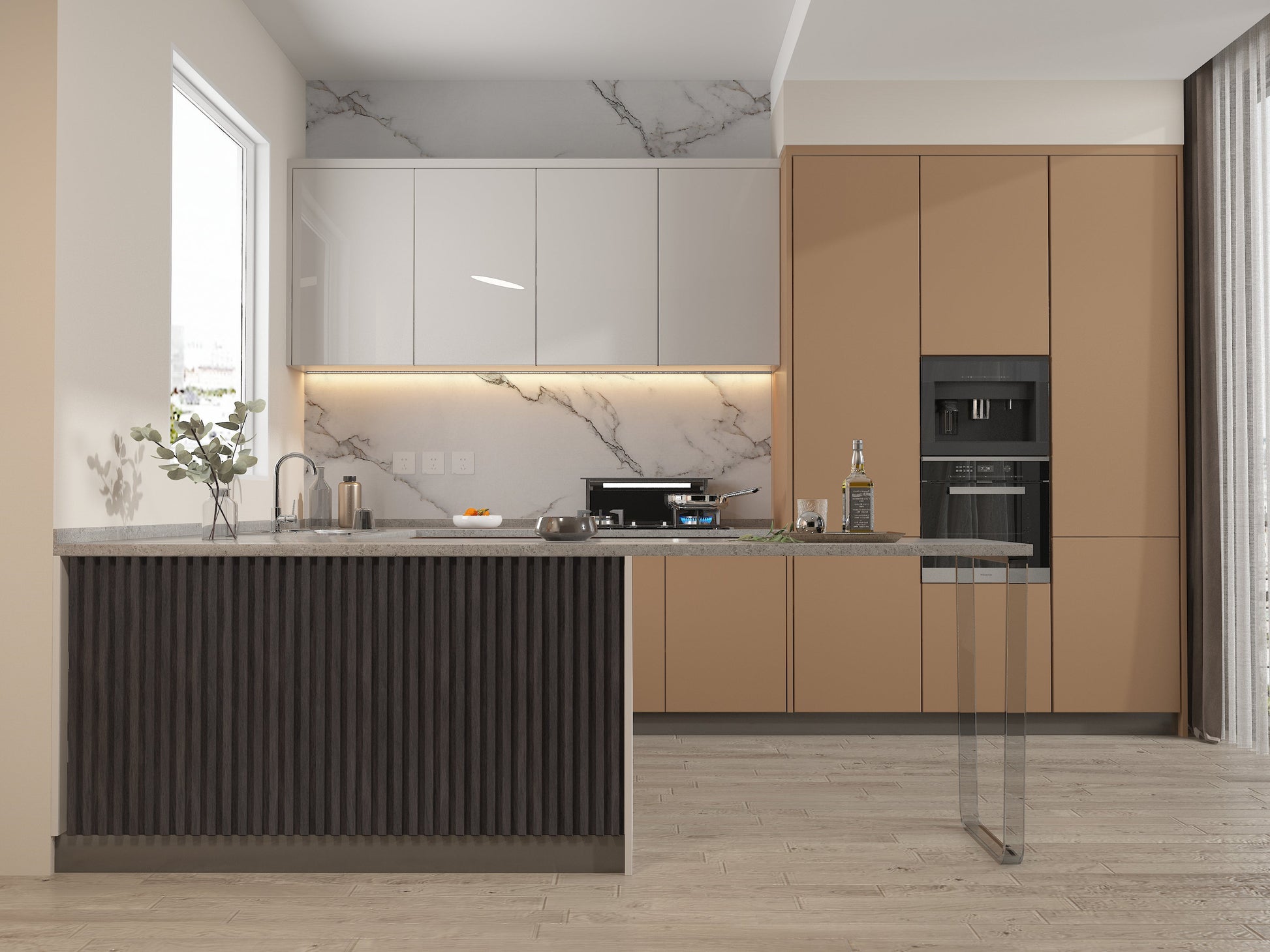 Dark Smoky Oak WPC Fluted 3D Wall Panels. Accel Distribution Inc. Kitchen Design From WPC Fluted Wall Panels