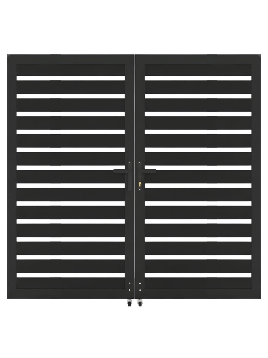 Black 6x6 aluminum double fence gate with modern horizontal semi-privacy slats and center latch