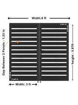 Aluminum double fence gate dimensions showing 6 ft width, 5.87 ft height, 3 ft panels, and 1.23 in slat gaps