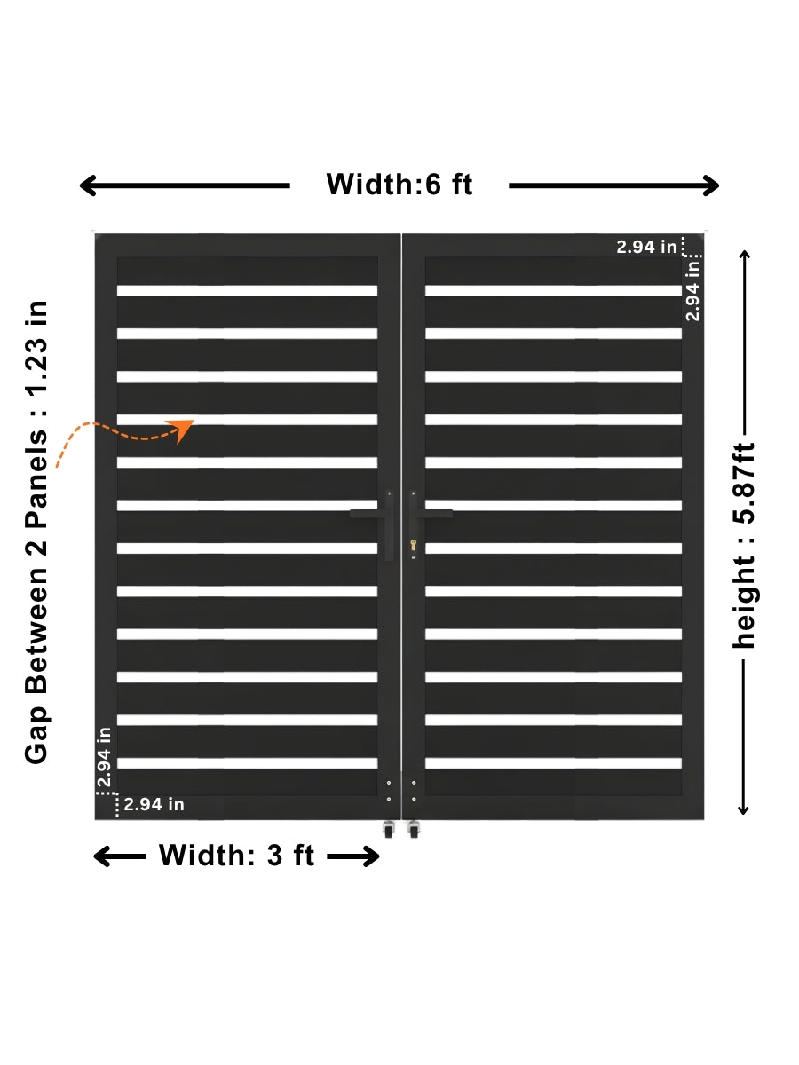 Aluminum double fence gate dimensions showing 6 ft width, 5.87 ft height, 3 ft panels, and 1.23 in slat gaps