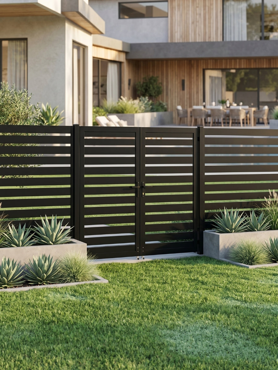 Black aluminum double fence gate and matching horizontal-slat fencing installed between raised garden planters