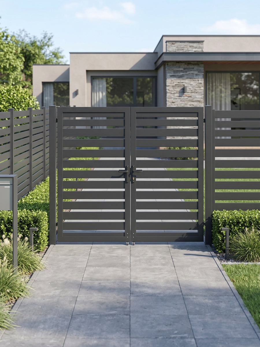 Modern black aluminum semi-privacy gate installed across a paved entrance to a contemporary home