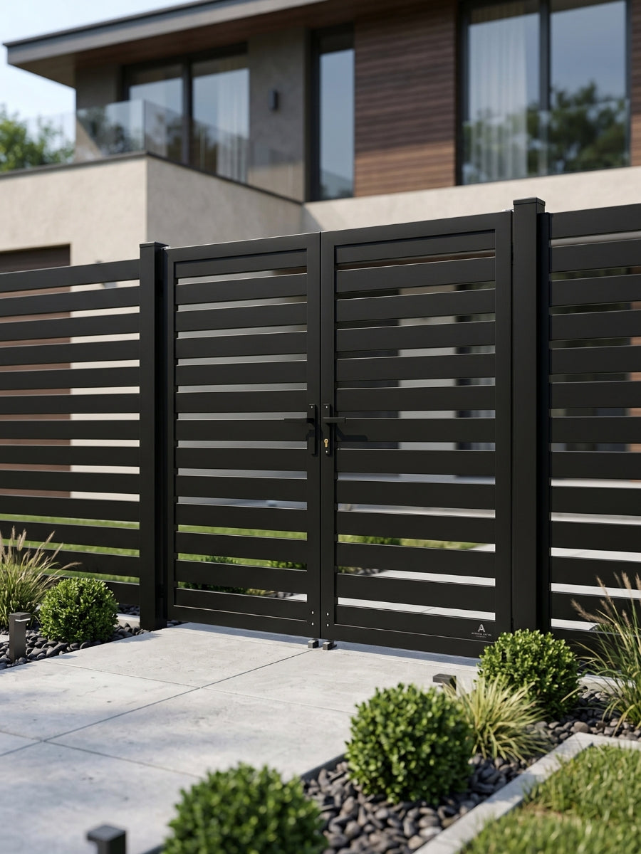 Black aluminum double gate with horizontal slats, center lock, and matching fence panels in a landscaped yard