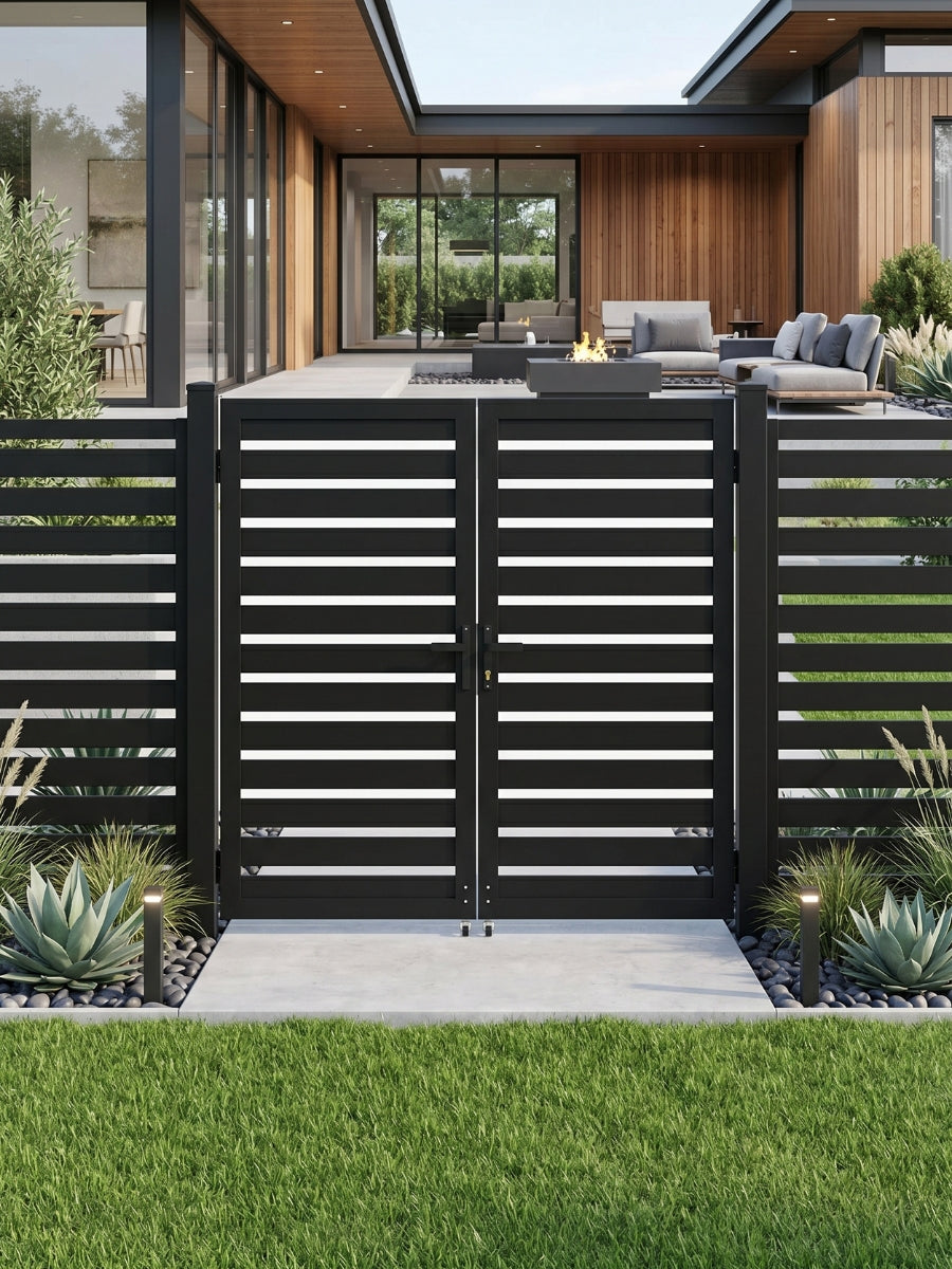 Modern 6x6 aluminum semi-privacy gate with horizontal slats enclosing a contemporary backyard patio