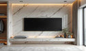 Modern gray-beige veined white marble PVC wall panel in a stylish Florida living room with black TV and decor accents.