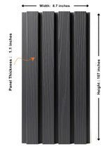 Black composite wide exterior cladding dimensions: 8.7 inches wide, 107 inches high, and 1.1 inches thick