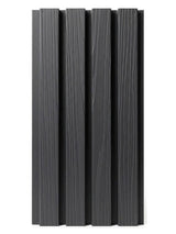 Black composite wide exterior cladding panel with vertical wood-grain slats