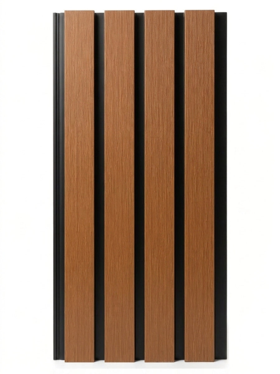 Brown and black composite wide exterior cladding panel with four wood-grain slats on a black backing