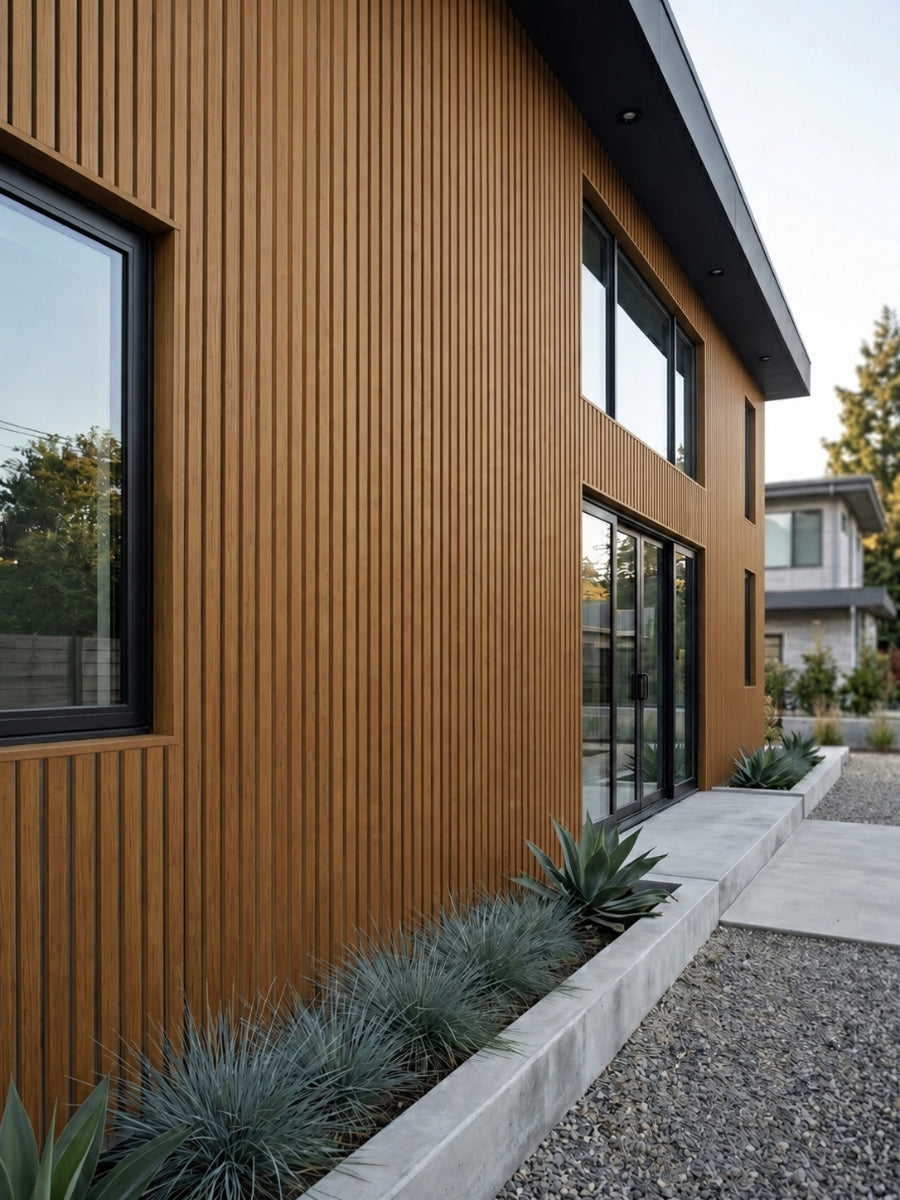 Brown and black composite wide exterior cladding installed vertically across a modern two-story home facade
