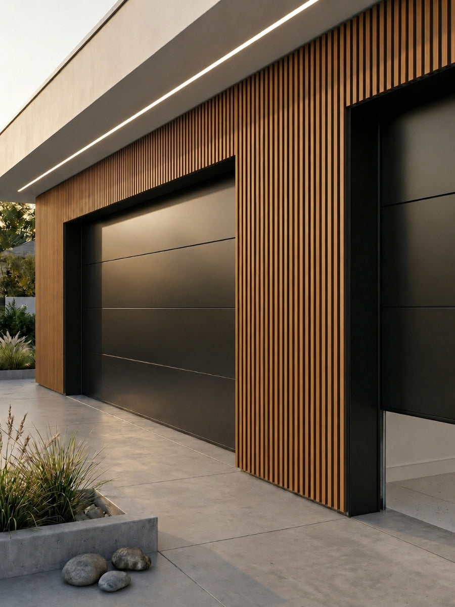 Brown and black composite wide cladding installed vertically on a modern exterior garage facade